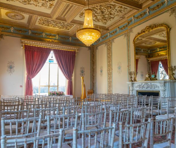 The Drawing Room of Hylands House set up for a wedding ceremony. 
