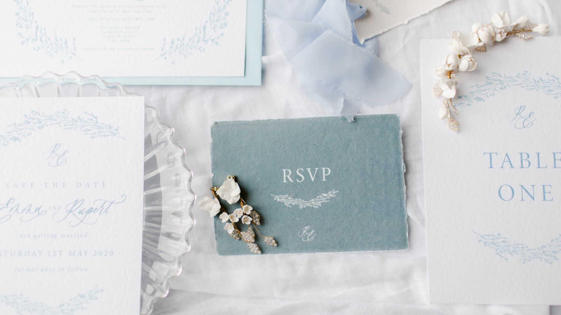 Close up of wedding invitations. 