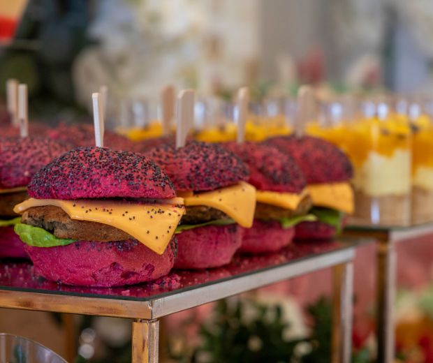 A close up of colourful wedding appetisers. 